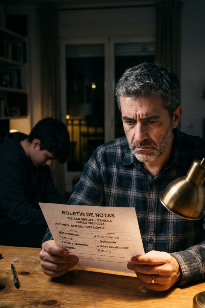 padre viendo las notas de su hijo antes de apuntarse a academia plumier